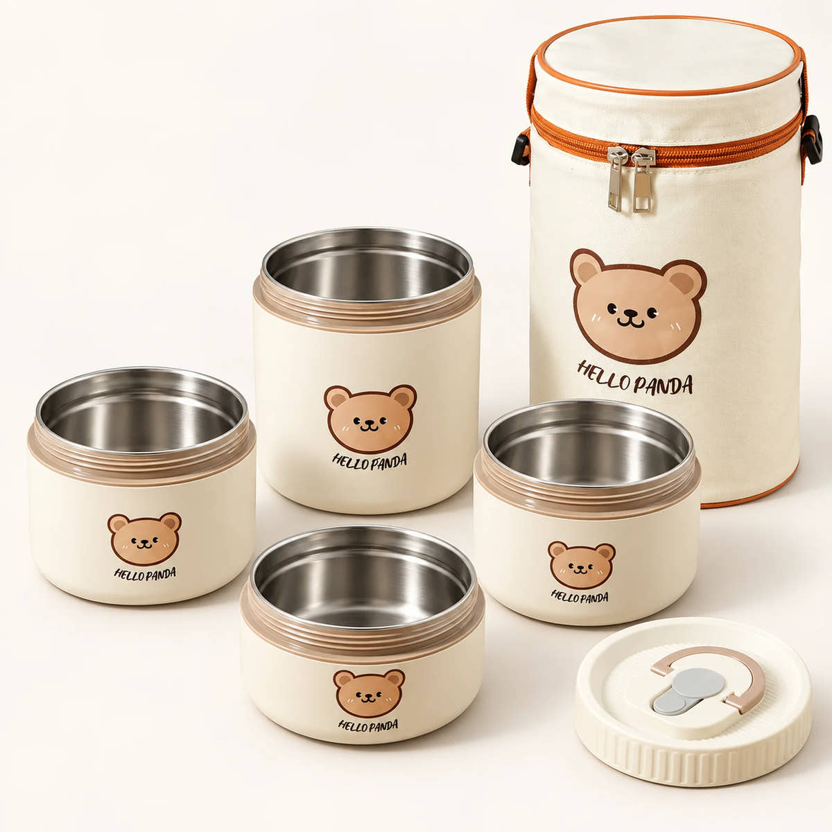 Thermal Bento Box with Carrying Bag on a warm off-white background with a soft natural shadow.