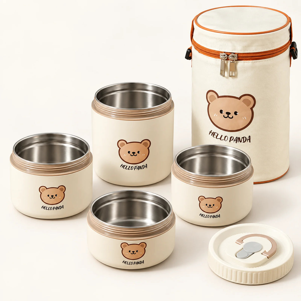 Thermal Bento Box with Carrying Bag on a warm off-white background with a soft natural shadow.