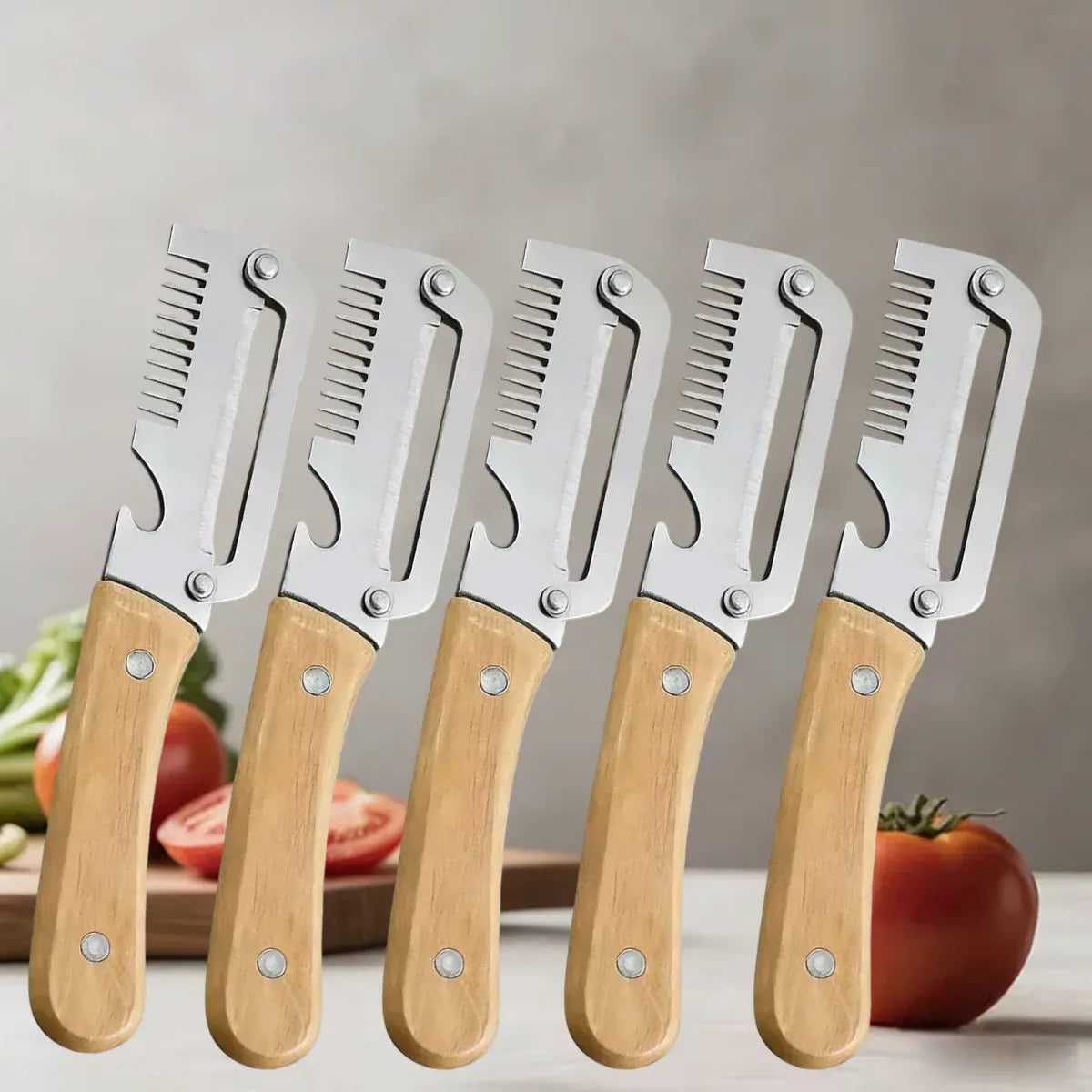 Essentials House 5pcs-B Kitchen Peeler Stainless Steel Vegetable Peeler with Wooden Handle for Peeling and Slicing Fruits