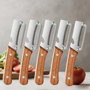 Essentials House 5pcs-A Kitchen Peeler Stainless Steel Vegetable Peeler with Wooden Handle for Peeling and Slicing Fruits