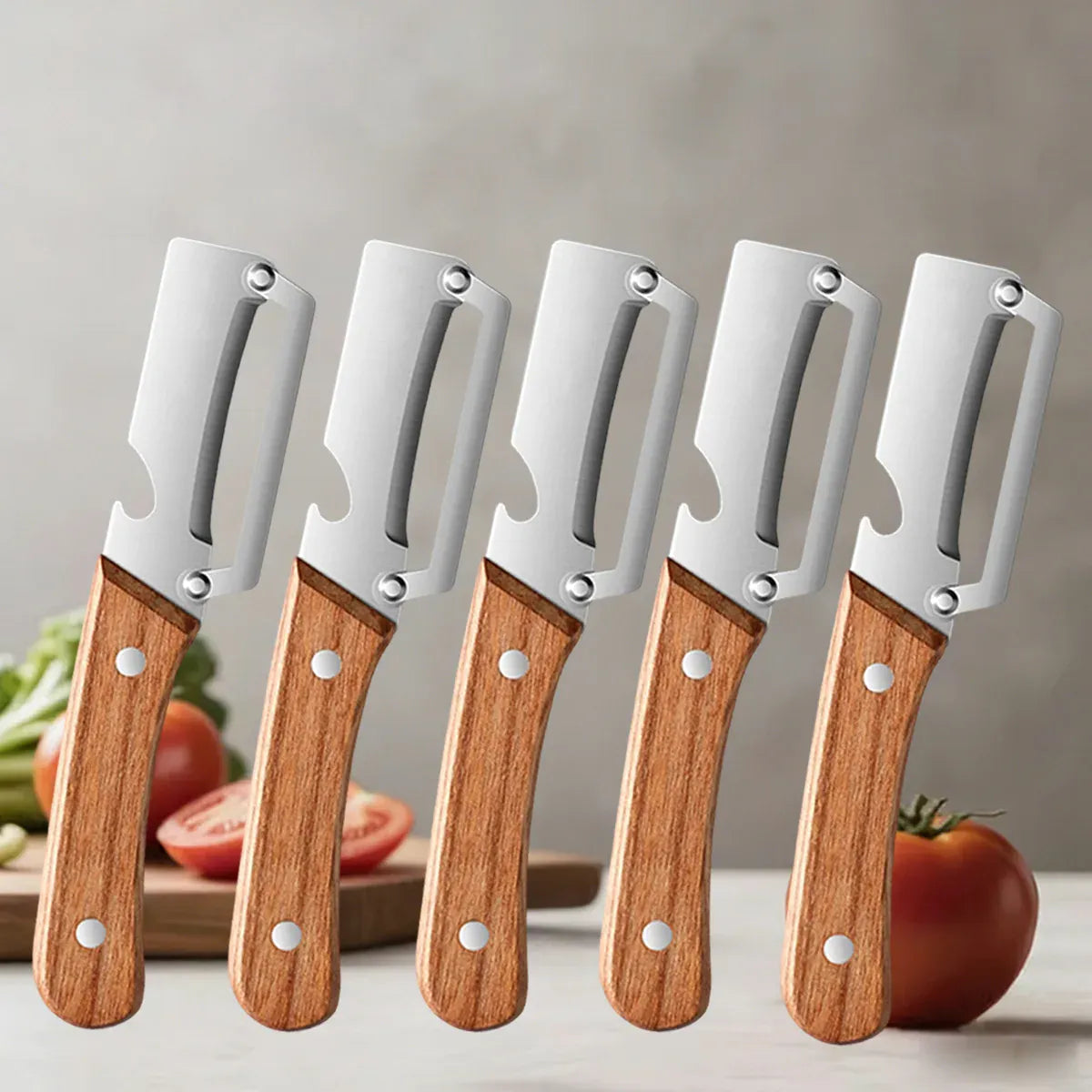 Essentials House 5pcs-A Kitchen Peeler Stainless Steel Vegetable Peeler with Wooden Handle for Peeling and Slicing Fruits