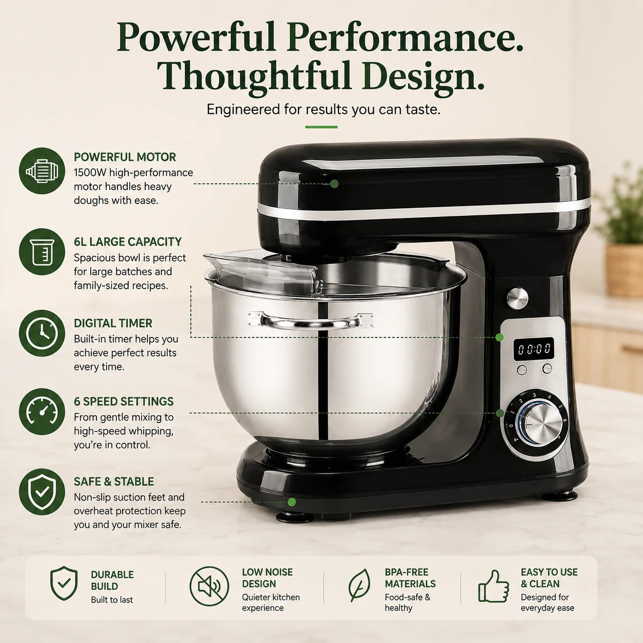 BioloMix 6L Stand Mixer in Black - powerful performance features