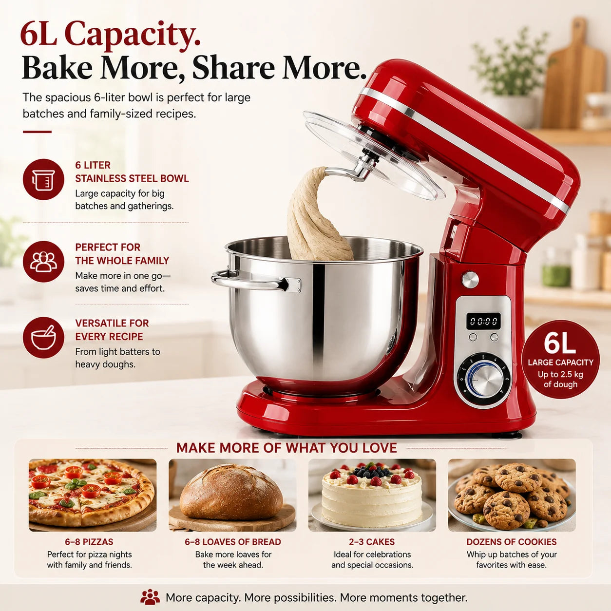 BioloMix 6L Stand Mixer in Red - 6L capacity for bigger batches