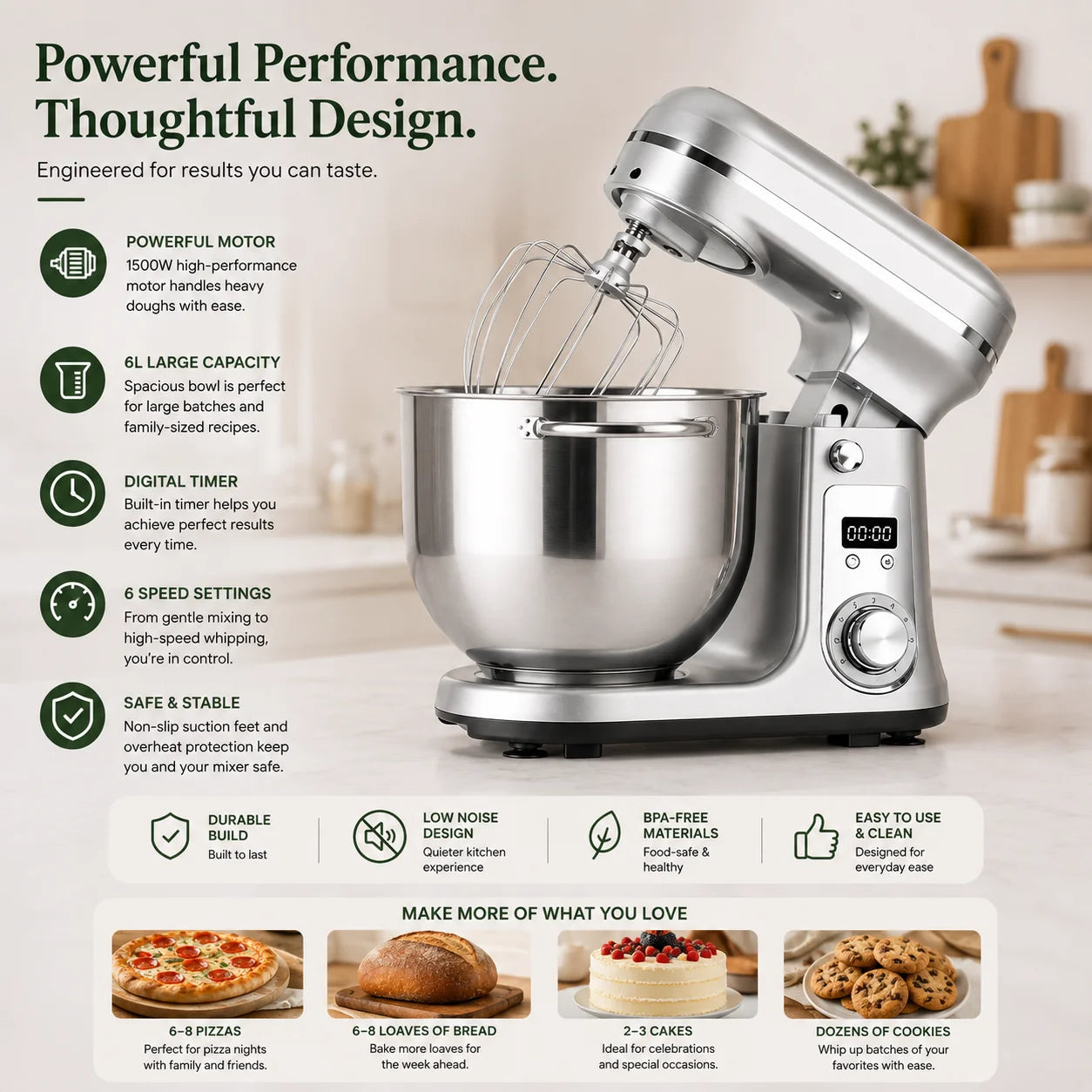 BioloMix 6L Stand Mixer in Silver - powerful performance features