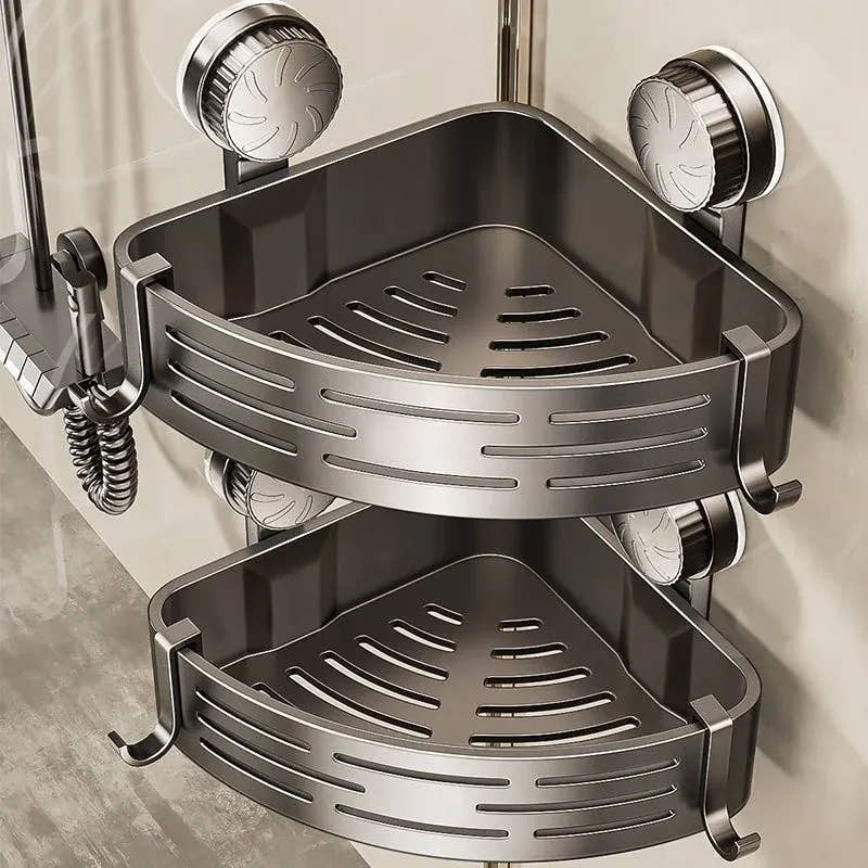 Two-tier suction corner shower baskets in gray