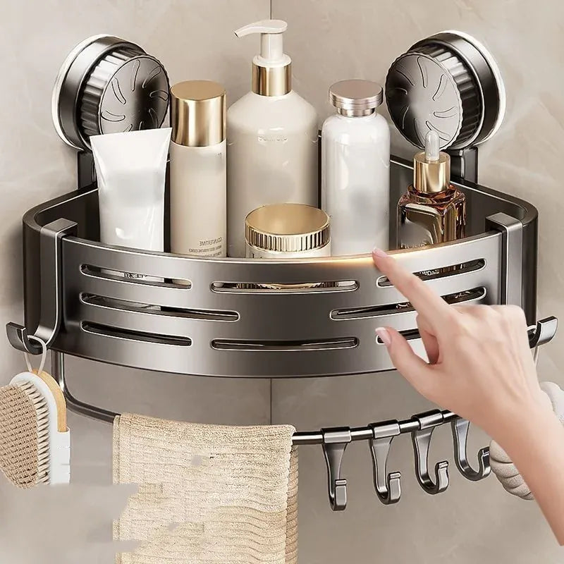 Corner shower basket holding bottles and bath accessories