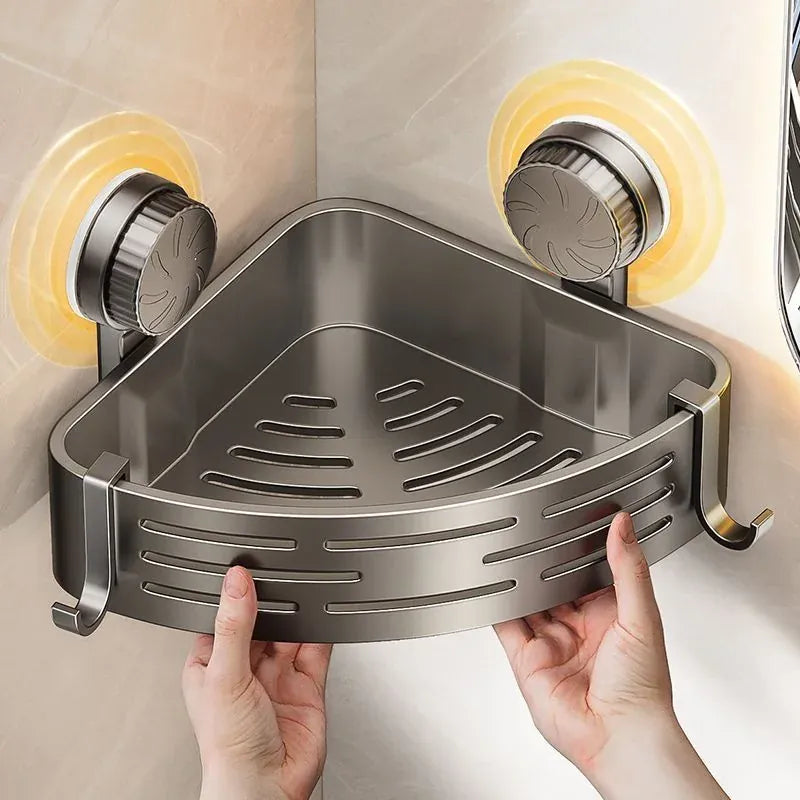 Alternate view of grey suction-cup corner shower basket