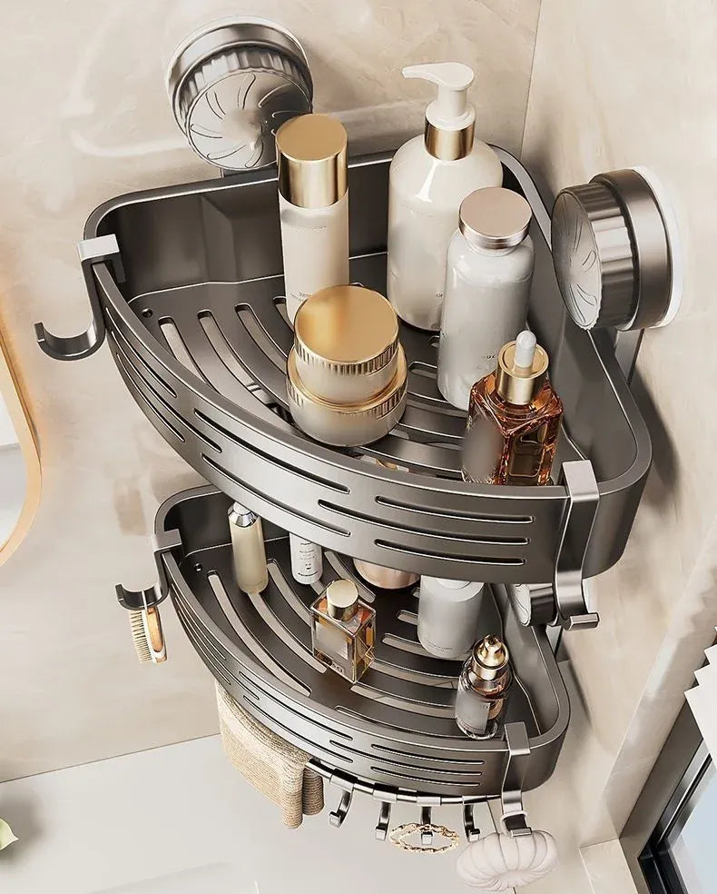 Alternate view of grey suction-cup corner shower basket