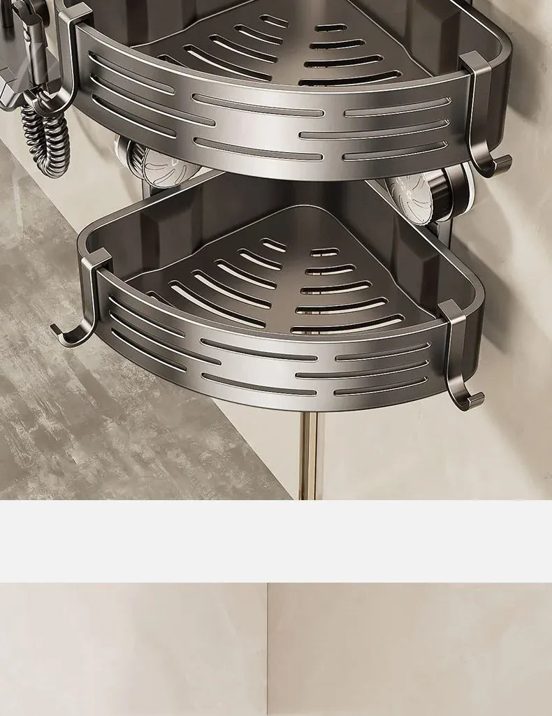 Alternate view of grey suction-cup corner shower basket