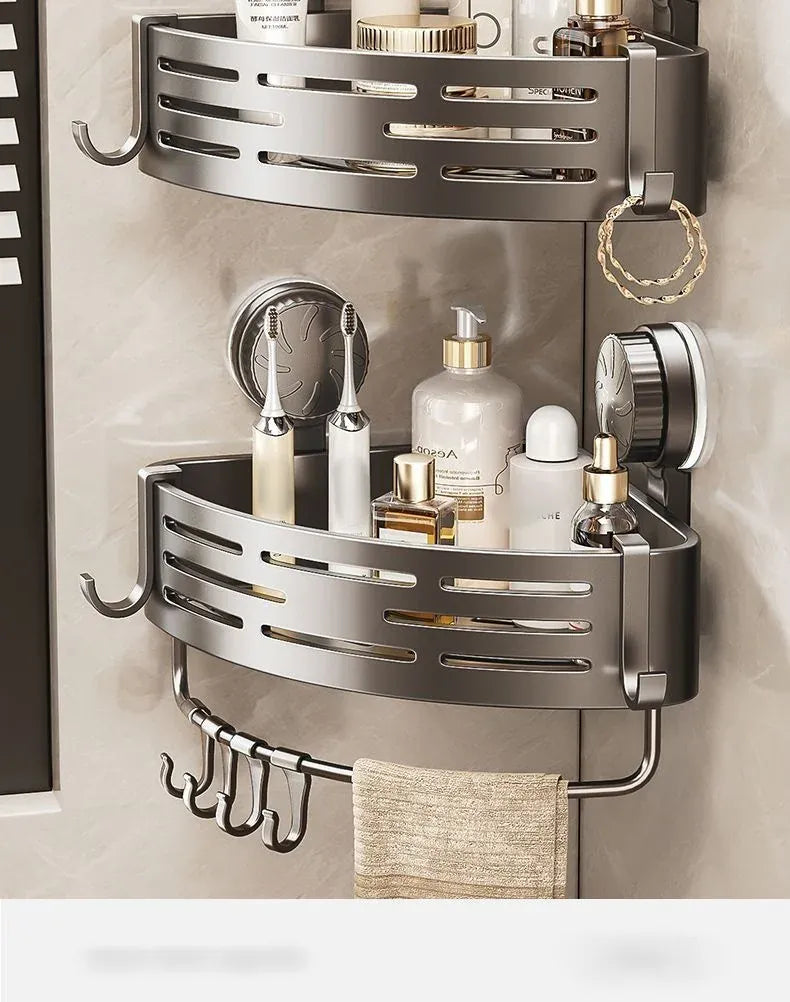 Alternate view of grey suction-cup corner shower basket
