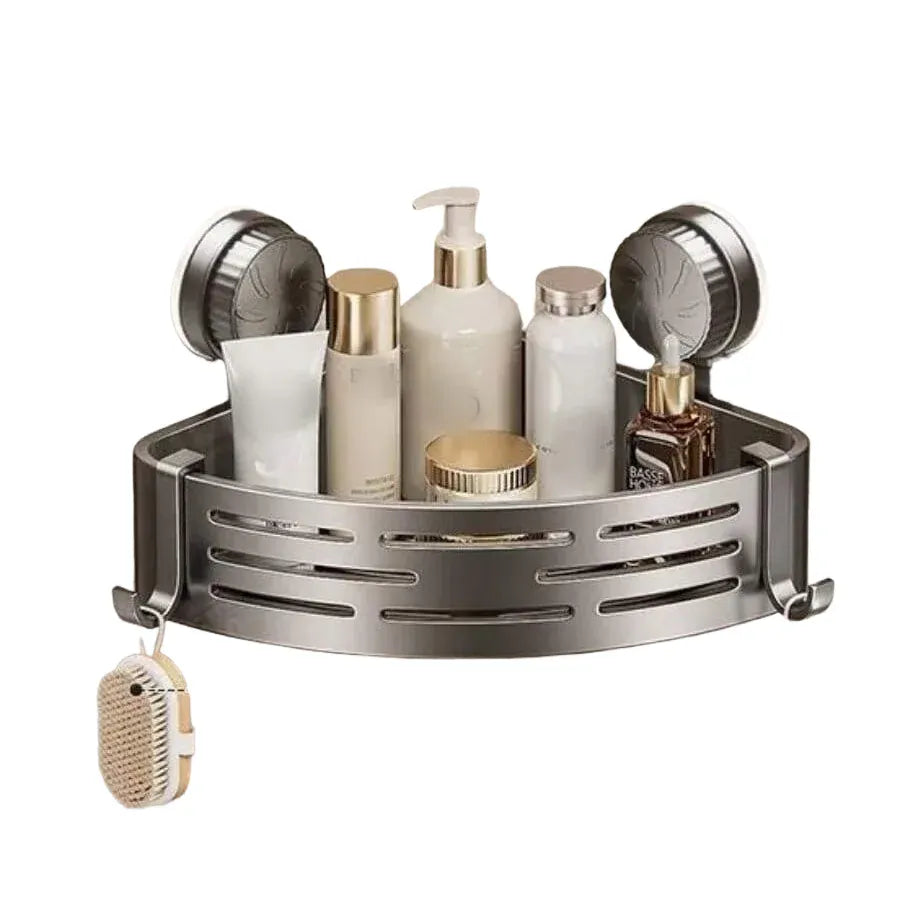 Alternate view of grey suction-cup corner shower basket