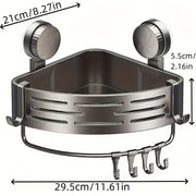 Grey suction-cup corner shower basket with hook rod