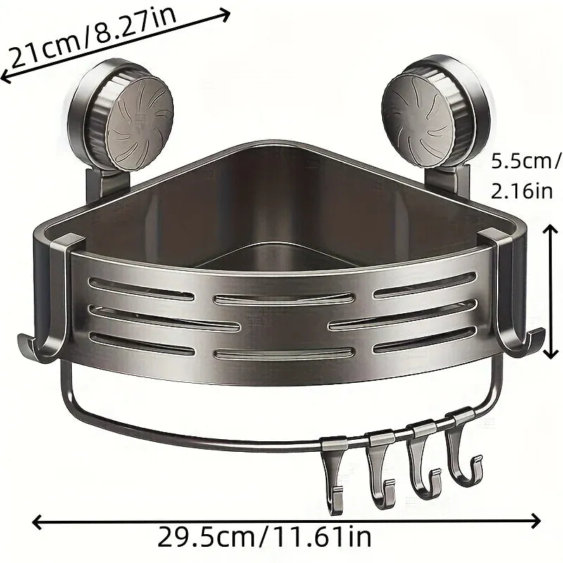 Grey suction-cup corner shower basket with hook rod