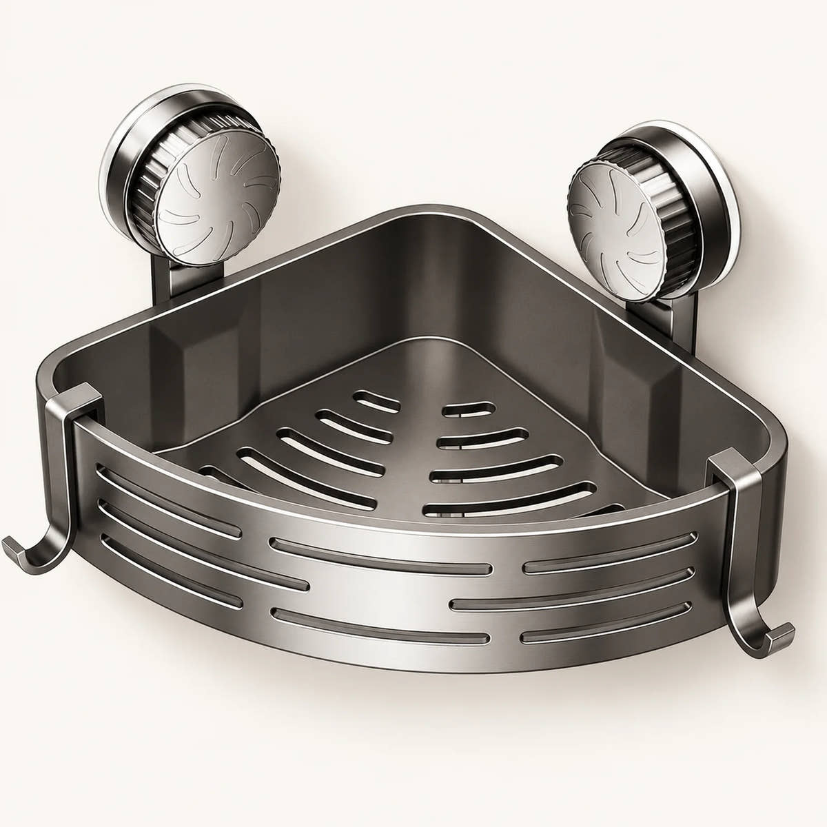 Grey suction corner shower basket with two mounting discs