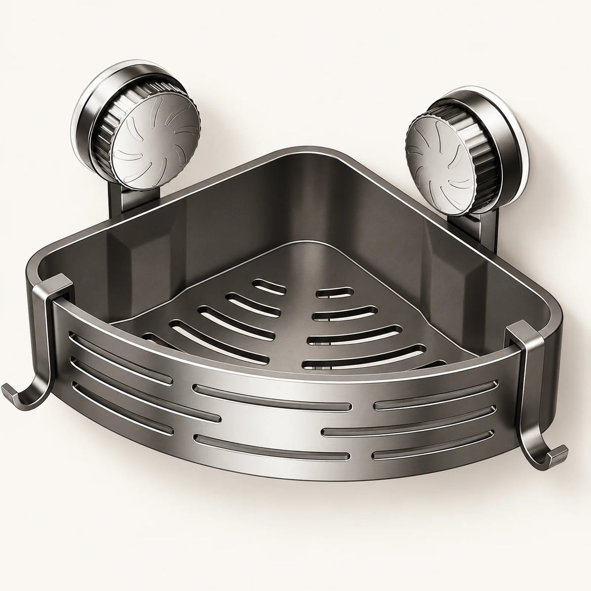 Grey suction corner shower basket with two mounting discs