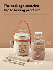 Essentials House Brown 1000ML Microwave Sealed 304 Stainless Steel Thermal Bento Lunch Box Large Capacity Cute Insulated Food