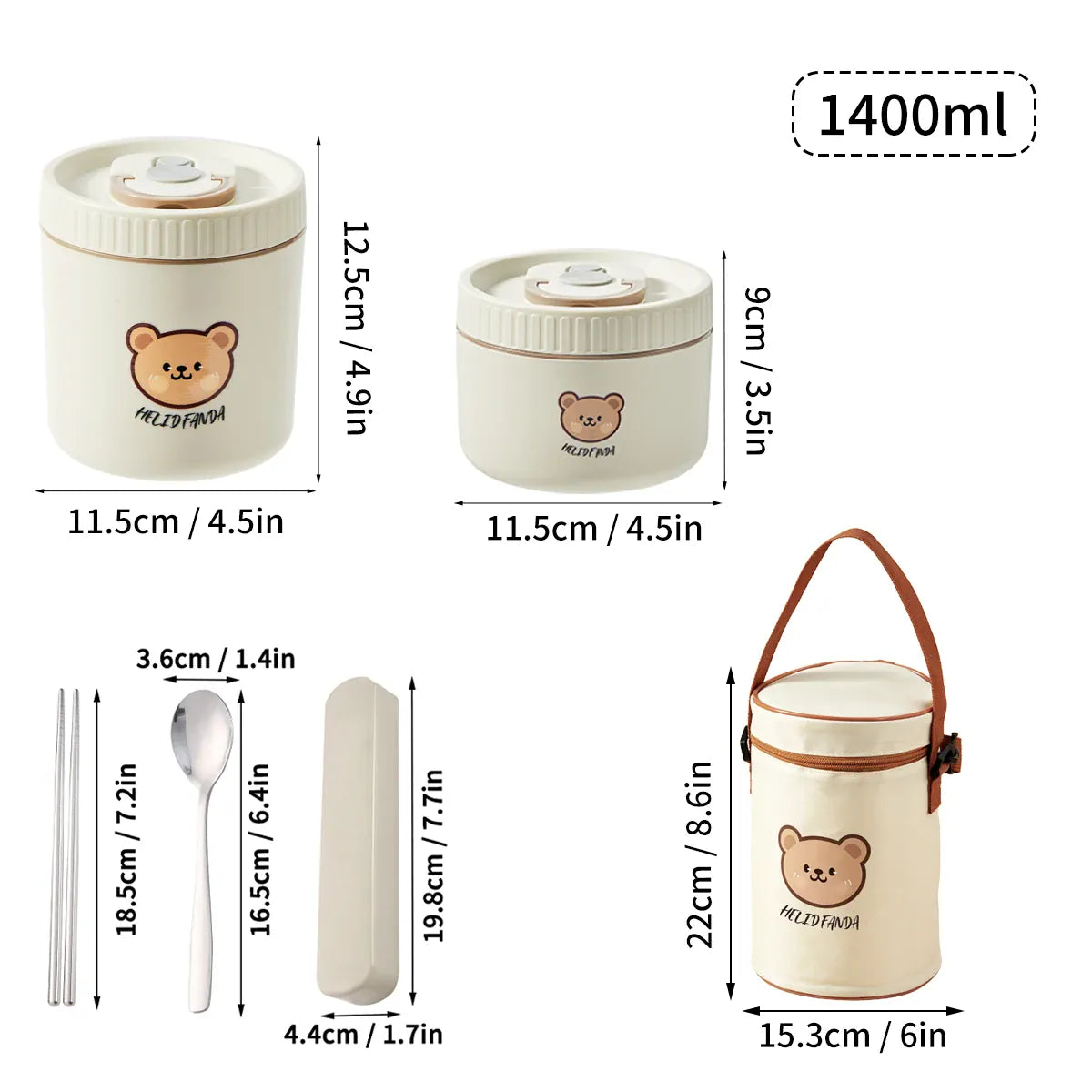 Essentials House Off White 1400ml Microwave Sealed 304 Stainless Steel Thermal Bento Lunch Box Large Capacity Cute Insulated