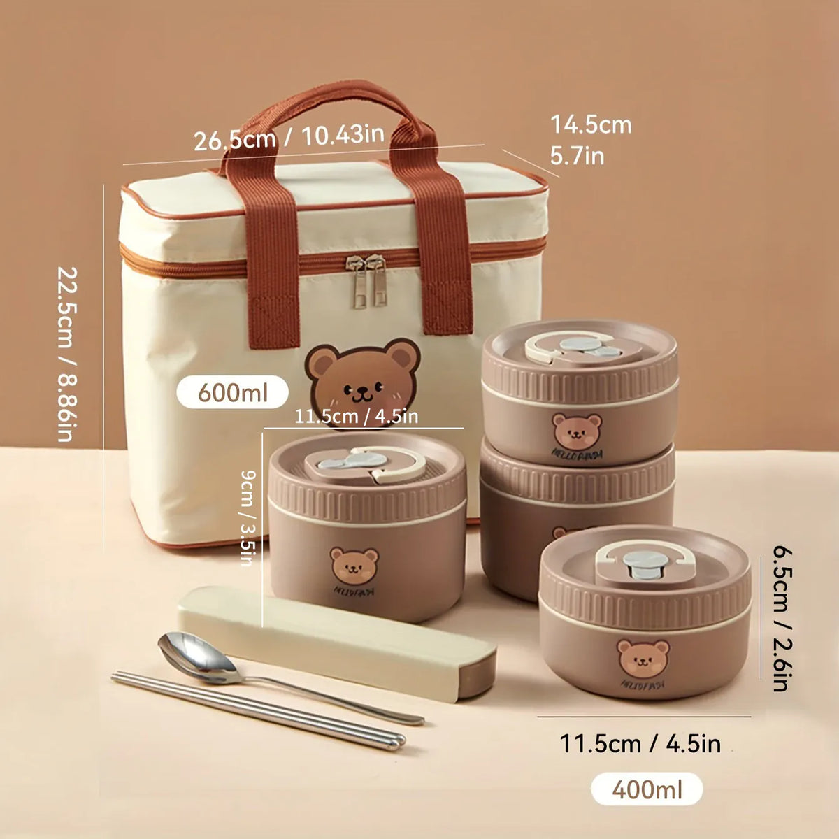 Essentials House Brown 2000ML Microwave Sealed 304 Stainless Steel Thermal Bento Lunch Box Large Capacity Cute Insulated Food