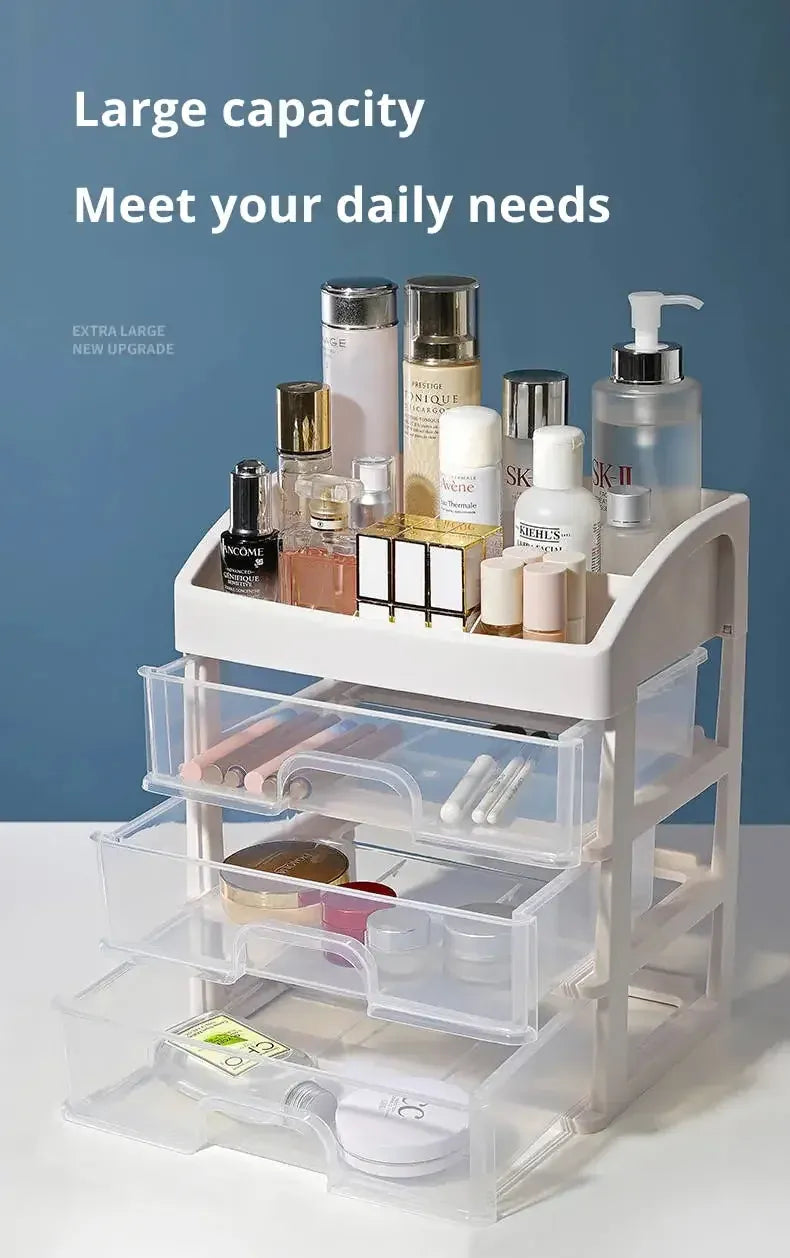 Alternate view of three-layer clear makeup and jewelry organizer
