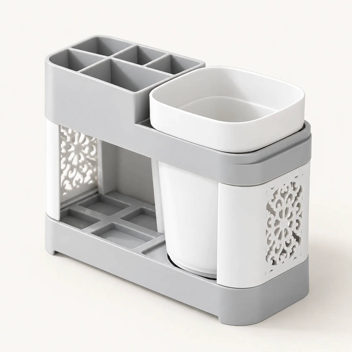 Grey and white toothbrush holder with rinse cup