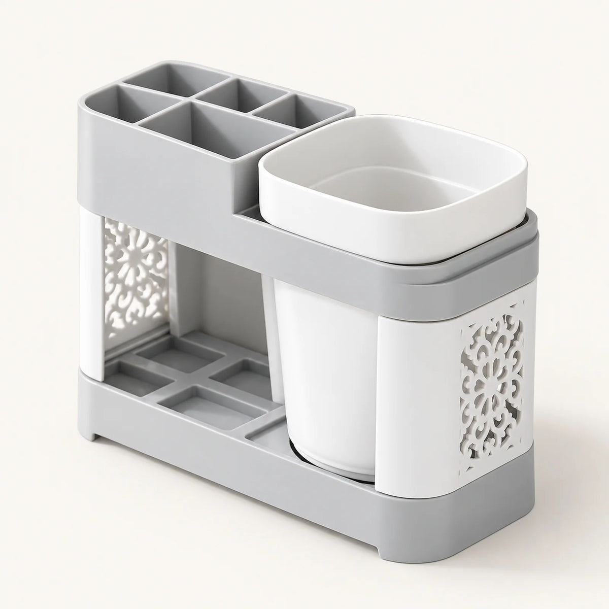 Grey and white toothbrush holder with rinse cup
