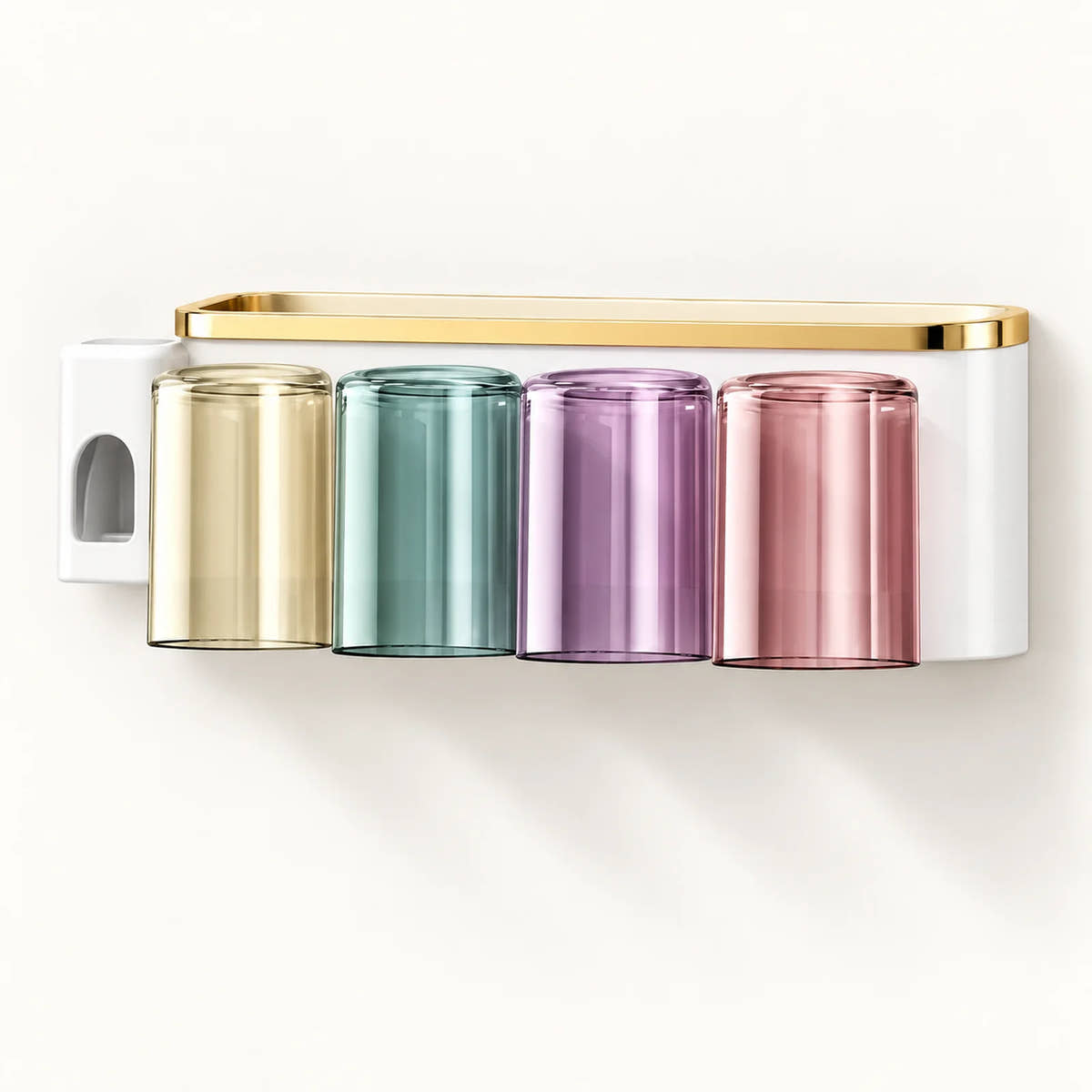 White toothbrush organizer with gold trim and four colored cups