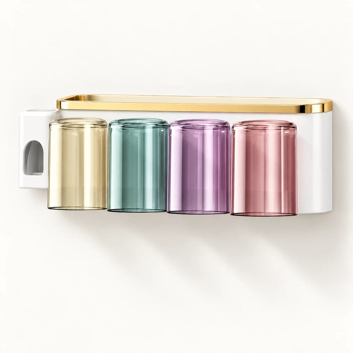 White toothbrush organizer with gold trim and four colored cups