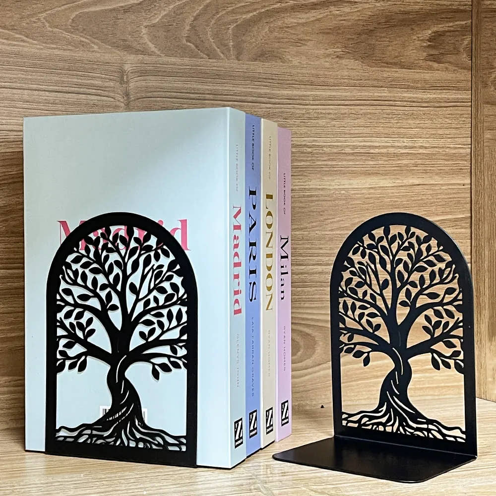 Black Tree of Life bookends supporting colorful books