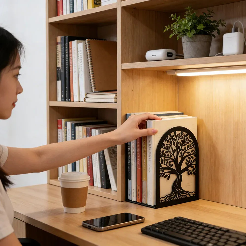 Person placing a Tree of Life bookend on a shelf