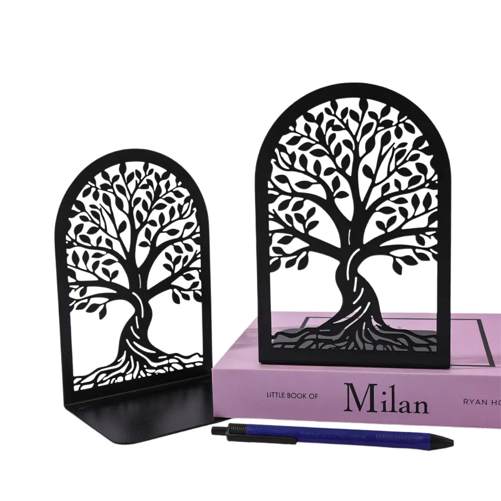 Black Tree of Life metal bookends displayed with books