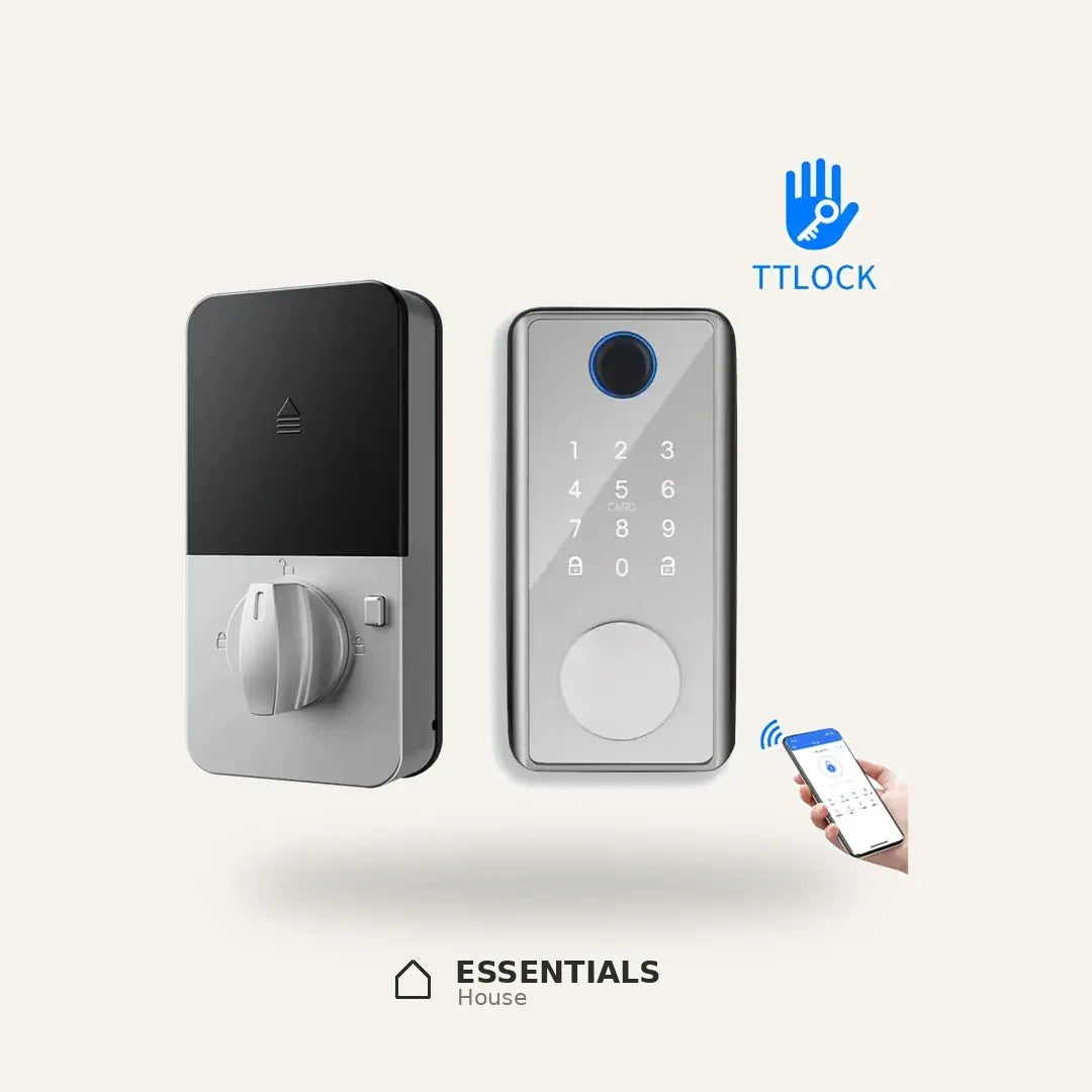 Tuya smart deadbolt with fingerprint reader, touchscreen keypad, TTLock app control, and interior locking mechanism.