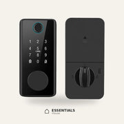 Black Tuya smart deadbolt showing exterior fingerprint reader and touchscreen keypad with interior thumb-turn lock.