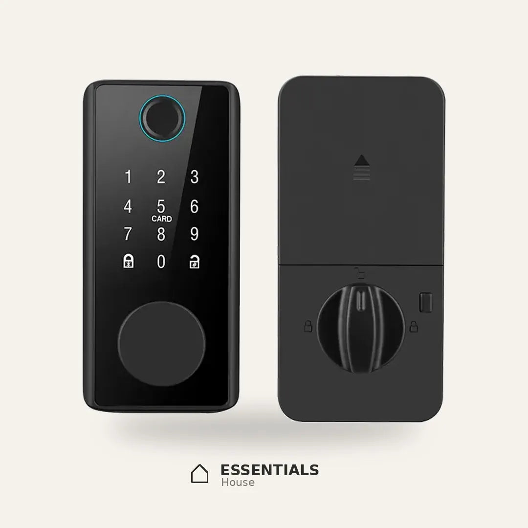 Black Tuya smart deadbolt showing exterior fingerprint reader and touchscreen keypad with interior thumb-turn lock.