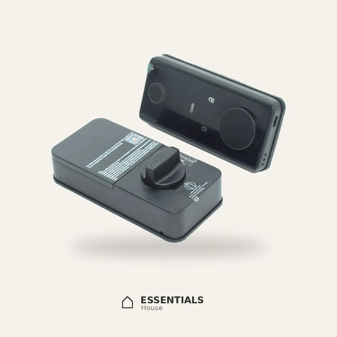 Tuya smart deadbolt showing exterior touchscreen keypad and interior thumb-turn lock with battery compartment.