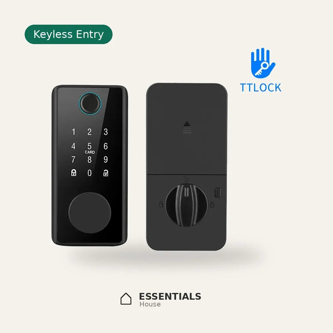 Tuya smart deadbolt with fingerprint reader, touchscreen keypad, TTLock keyless entry, and interior thumb-turn lock.