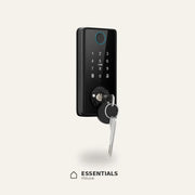 Black Tuya smart deadbolt with fingerprint reader, touchscreen keypad, and physical key for backup door access.