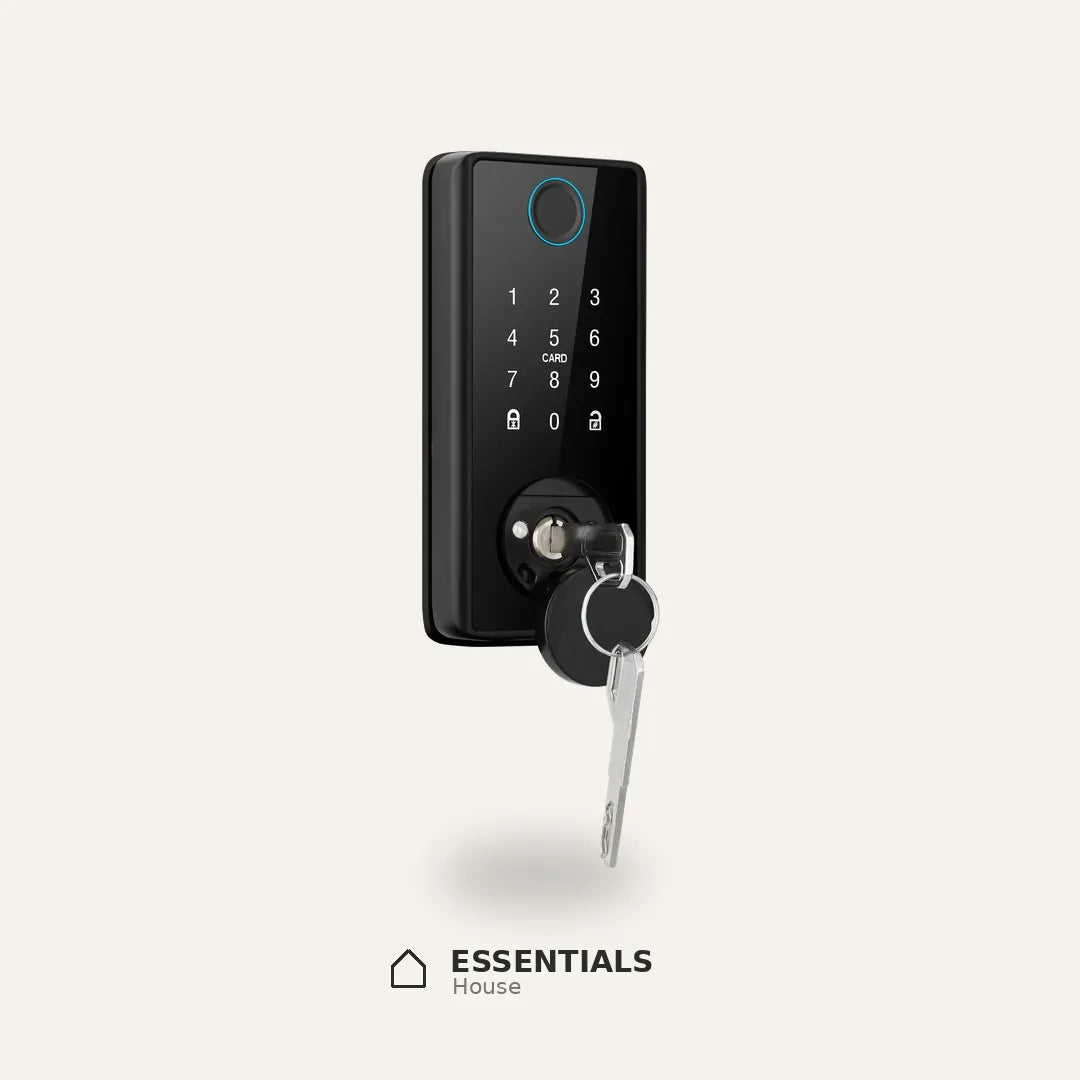 Black Tuya smart deadbolt with fingerprint reader, touchscreen keypad, and physical key for backup door access.
