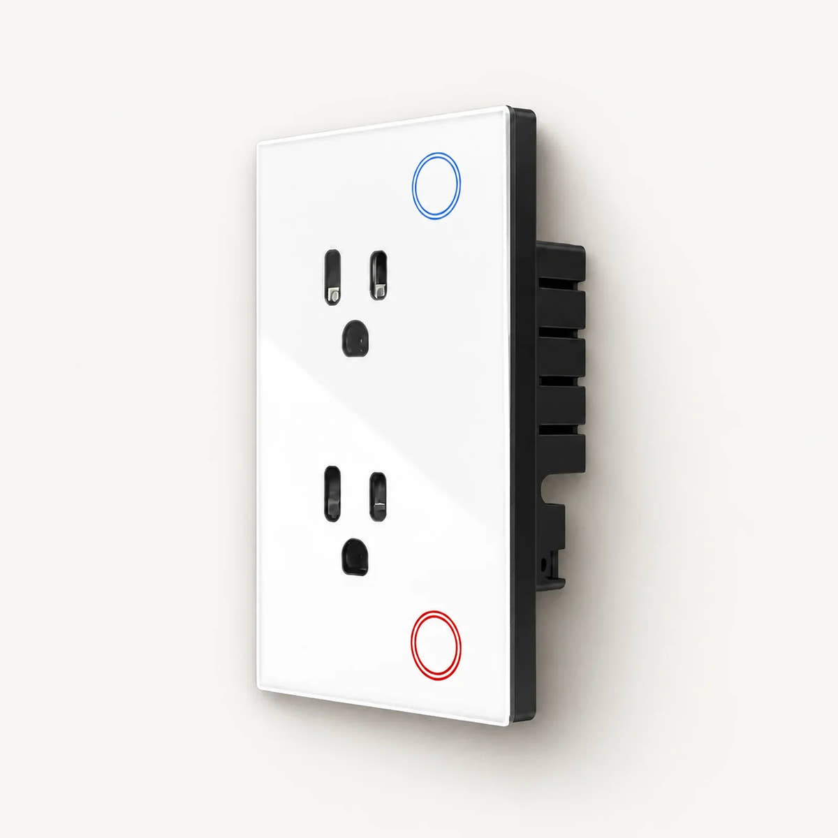 White dual smart wall outlet with black rear housing and blue and red circular touch controls on an off-white background.