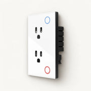 White dual smart wall outlet with black rear housing and blue and red circular touch controls on an off-white background.