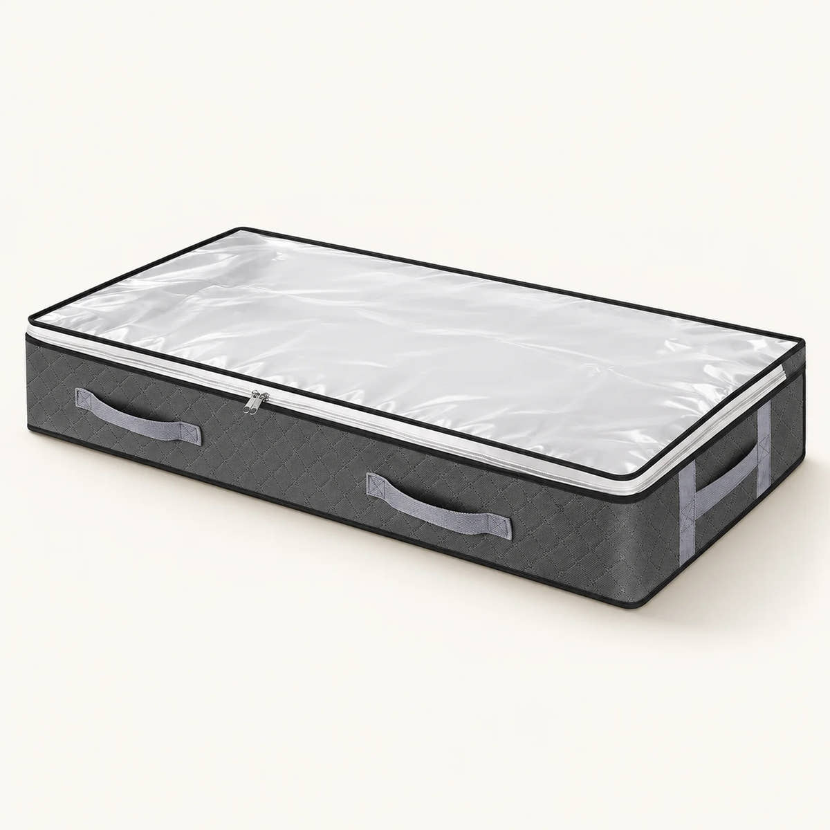 Grey quilted under-bed storage bag with clear lid