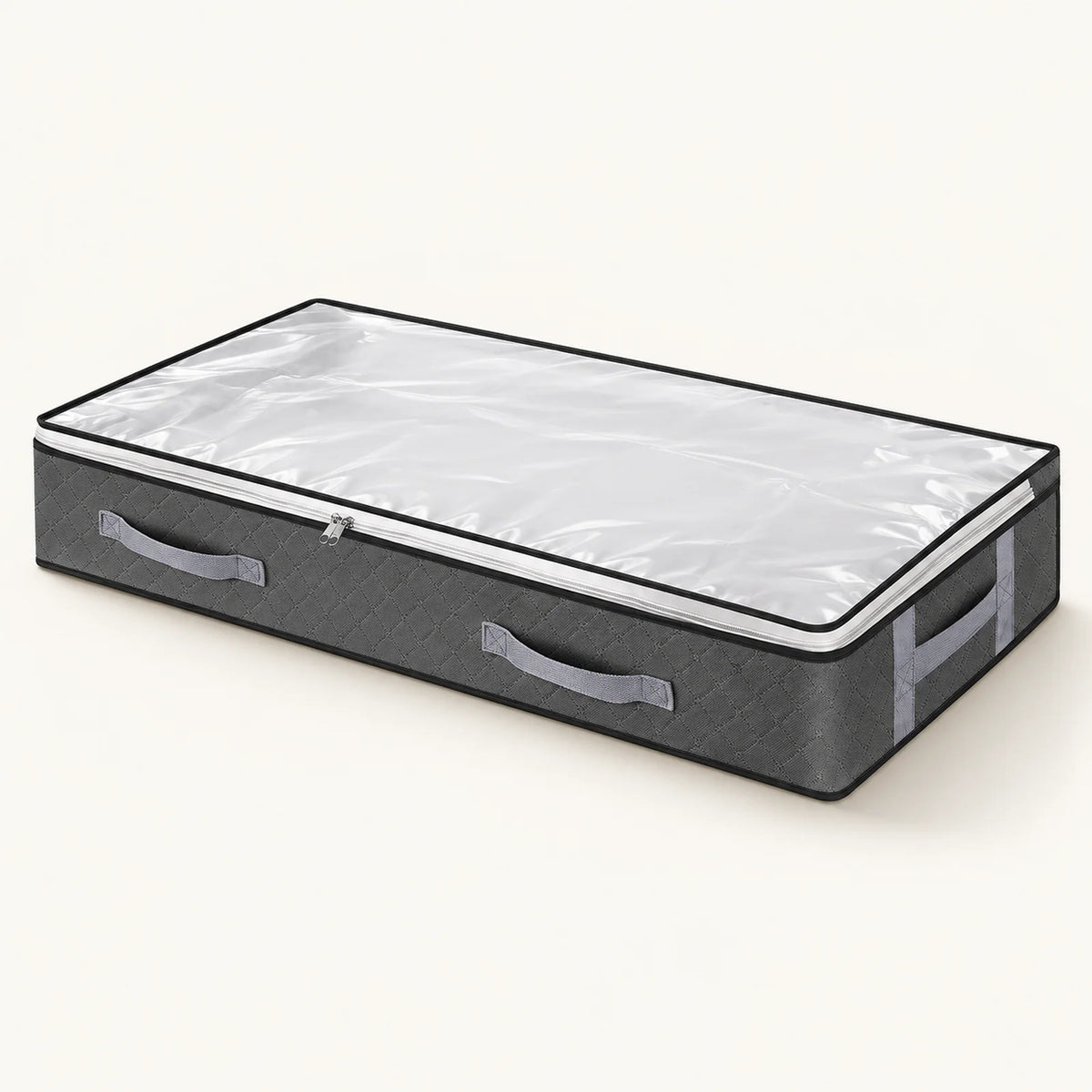 Grey quilted under-bed storage bag with clear lid