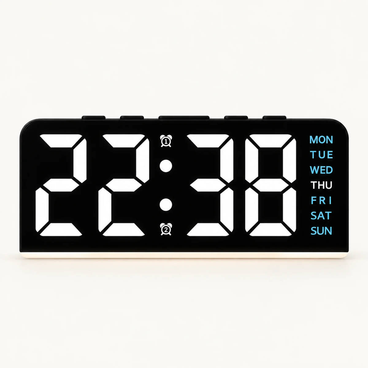 Black USB digital alarm clock with white digits, blue weekday labels and a light strip along its base.