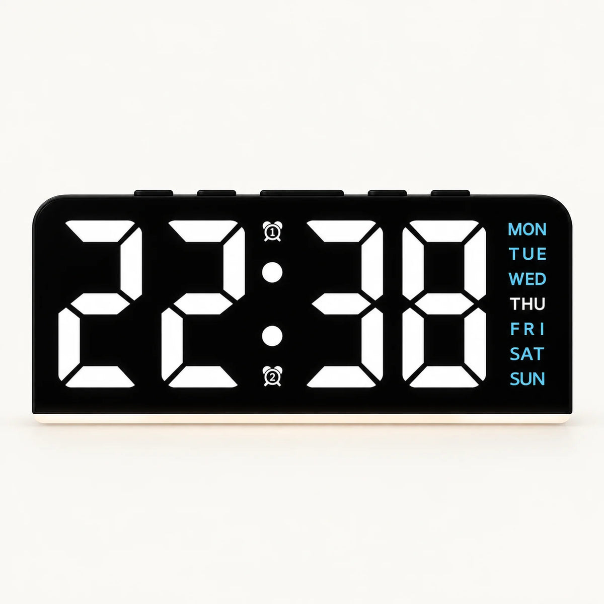 Black USB digital alarm clock with white digits, blue weekday labels and a light strip along its base.