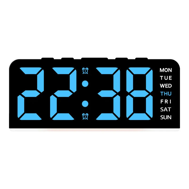 Black case digital alarm clock with blue digits and white weekday labels