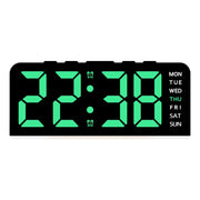 Black case digital alarm clock with green digits and white weekday labels