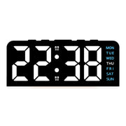 Black case digital alarm clock with white digits and blue weekday labels