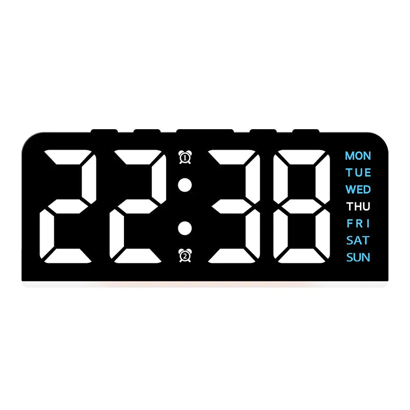 Black case digital alarm clock with white digits and blue weekday labels