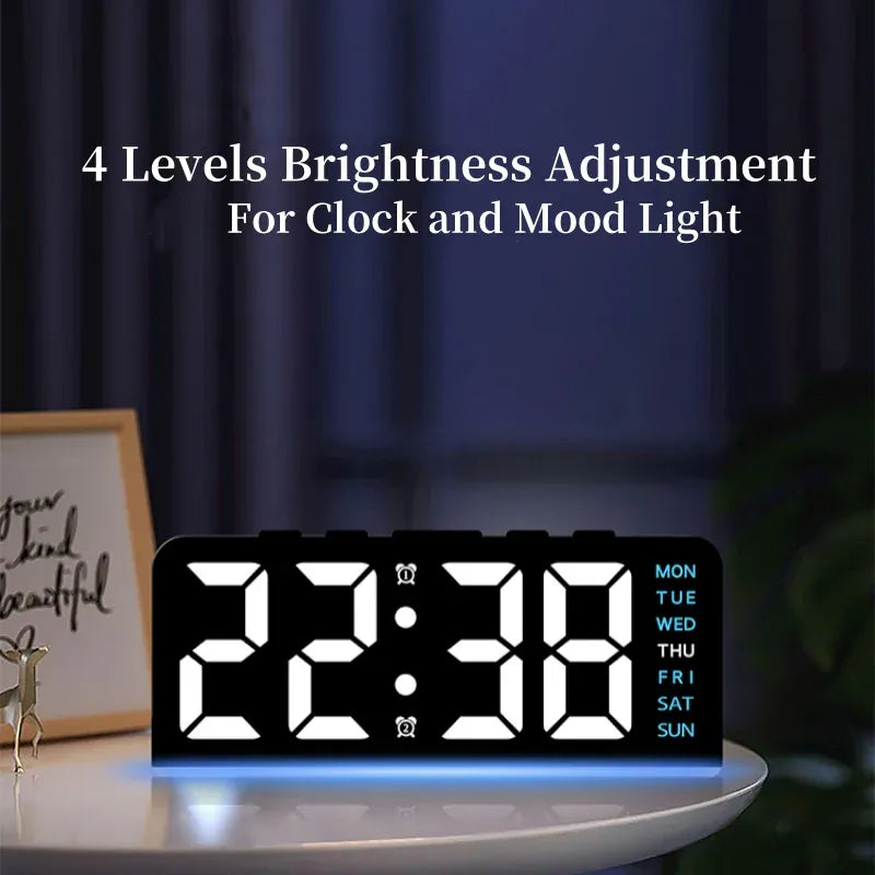 Digital alarm clock showing adjustable display and mood light brightness