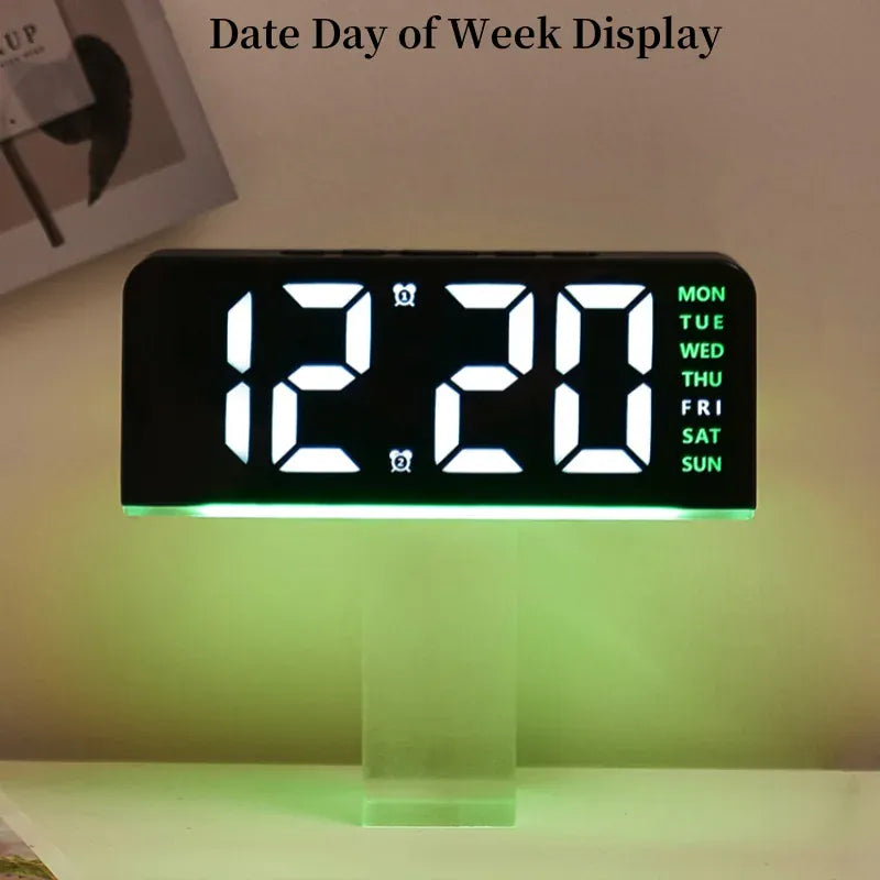 Date and weekday display feature on digital alarm clock with green mood light