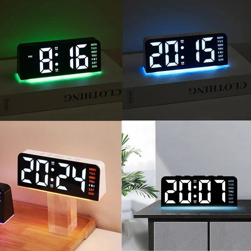 Four bedside arrangements showing digital alarm clock lighting colors